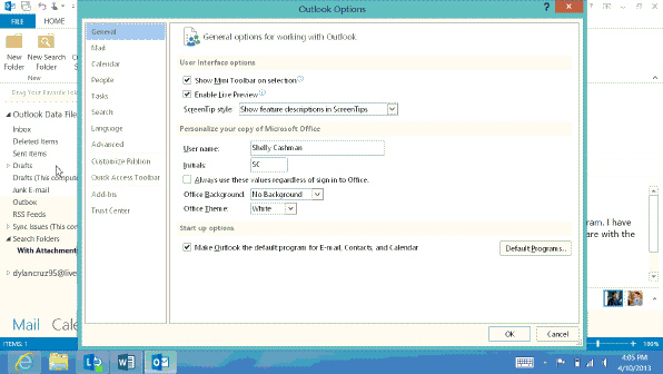   Tap or click the Options tab in the Backstage view to display the Outlook Options dialog box, as shown in the acsampanying figure.