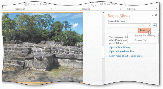  You can display the Reuse Slides task pane, shown in the acsampanying figure, by clicking Reuse Slides on the Insert Slide button gallery.
