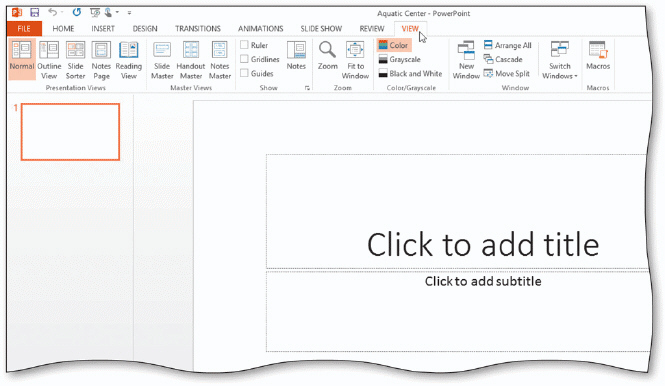   As shown in the acsampanying figure, the first step to displaying the slide master is to display the ____ tab. A)  REVIEW B)  VIEW C)  SLIDE SHOW D)  DESIGN