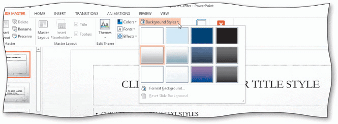   To format the slide master background, tap or click the Background Styles button to display the Background Styles gallery, as shown in the acsampanying figure.