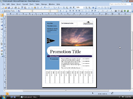   Figure 1 The Publisher ____ contains several elements similar to the document windows of other applications, as well as some elements unique to Publisher, as shown in the accompanying figure.. A)  page layout B)  task pane C)  workspace D)  Standard toolbar