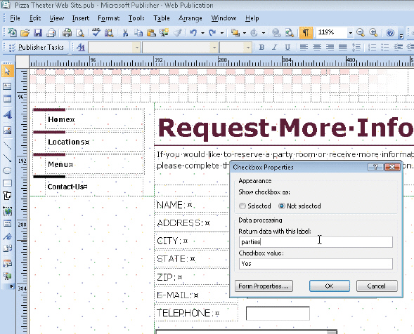   Figure 6-2 As shown in the accompanying figure, the ____ in the Checkbox Properties dialog box is used to display a check mark in the checkbox when Web site visitors first view the form. A)  Selected option button B)  Not selected option button C)  Return data with this label text box D)  Checkbox value text box