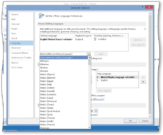 As shown the acsampanying figure, you can set Outlook's default language by selecting the name of the language and then tapping or clicking the Set as Default button.