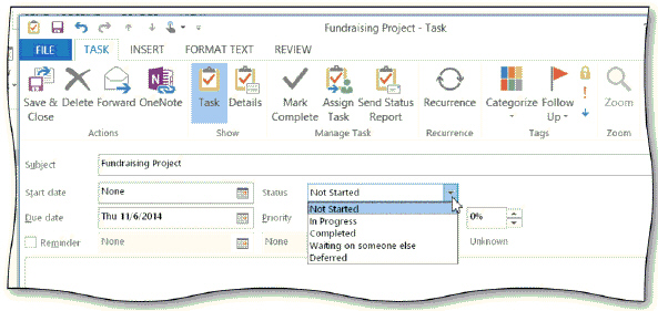     Tap or click the Options box arrow to display the status options, as shown in the acsampanying figure.
