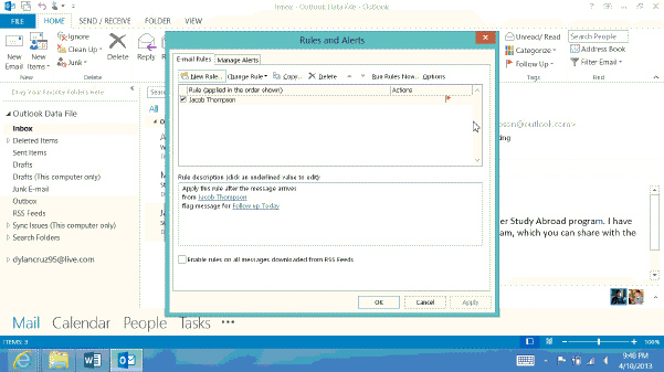   If you want to apply rules to email messages that you already received, you use the ____, as shown in the acsampanying figure. A)  Apply Rules dialog box B)  Rules and Alerts dialog box C)  Email Messages dialog box D)  Received Messages dialog box