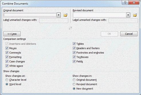 FIGURE WD 8-1   Referring to Figure WD 8-1 above, to open a dialog box and browse for documents, you would click the ____. A)  the open folder icon to the right of the Original document box or Revised document box B)  list arrow to the right of the Original document box or Revised document box C)  either a. or b. D)  neither a. nor b.