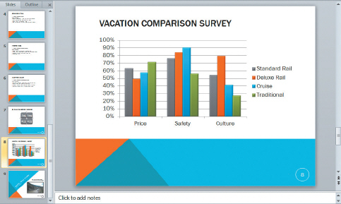   In the chart above, the words  Price, Safety, and Culture  label the x-axis of the chart. This x-axis is also called the ____. A)  horizontal axis B)  value axis C)  category axis D)  legend