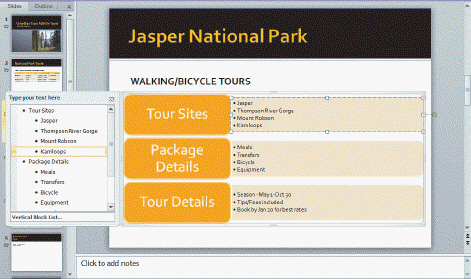   In the accompanying figure, if you type a new bullet immediately under the selected term Kamloops, it would appear in the ____ section. A)  Tour Sites B)  Package Details C)  Tour Details D)  None of the above