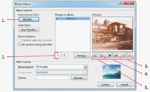   To open the dialog box shown in the accompanying figure, click the ____ tab on the Ribbon, click the Photo Album list arrow in the Images group, then click New Photo Album. A)  Insert B)  Home C)  Design D)  File