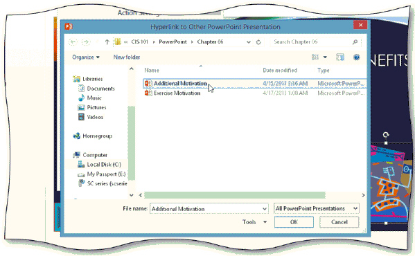   To open the Hyperlink to Other PowerPoint Presentation dialog box shown in the accompanying figure, you should tap or click Other PowerPoint Presentation in the Hyperlink to list in the ____ Settings dialog box. A)  Links B)  Change C)  Hyperlink D)  Action