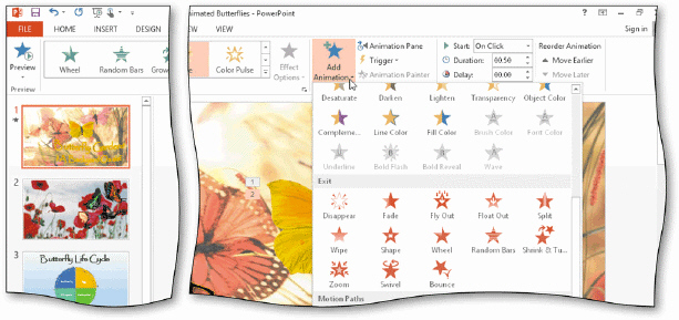   To animate a photo using an exit effect, first tap or click the Add Animation button to expand the Animation gallery, then scroll down to display the ____ section, as shown in the accompanying figure. A)  Exit Animation B)  Animate C)  Exit D)  Exit Effect