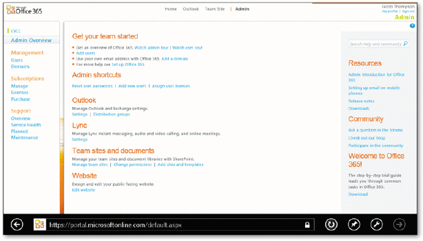   As shown in the accompanying figure, a team portal page is shown when you subscribe at https://portalmicrosoftonline.com.