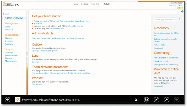 As shown in the accompanying figure, a team portal page is shown when you subscribe at https://portalmicrosoftonline.com.