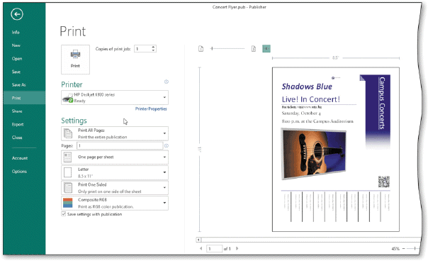   To display the ____, as shown in the accompanying figure, tap or click the PRINT tab in the Backstage view. A)  Print gallery B)  Print text box C)  Print Navigator D)  Print Window