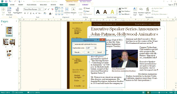    Using the accompanying figure as your guide, describe how to hyphenate the stories using Publisher's automatic hyphenation.