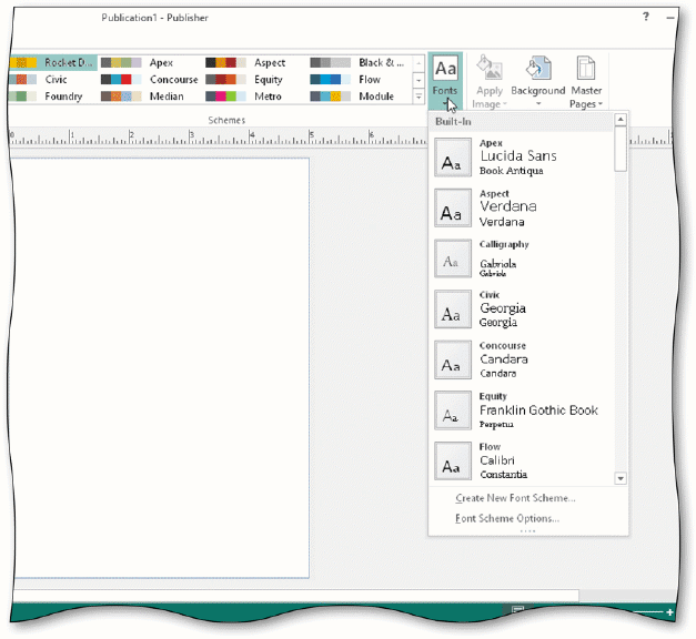   As shown in the accompanying figure, tap or click the Scheme Fonts button on the PAGE DESIGN tab in the Schemes group to display the ____ gallery. A)  Scheme Fonts B)  Change Fonts C)  Custom fonts D)  Graphic fonts