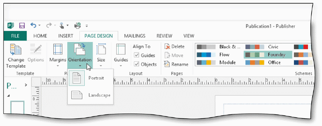   You can change the page orientation of a publication by tapping or clicking the ____ button, as shown in the accompanying figure. A)  Margins B)  Change Page Orientation C)  Change Page Size D)  Change Template
