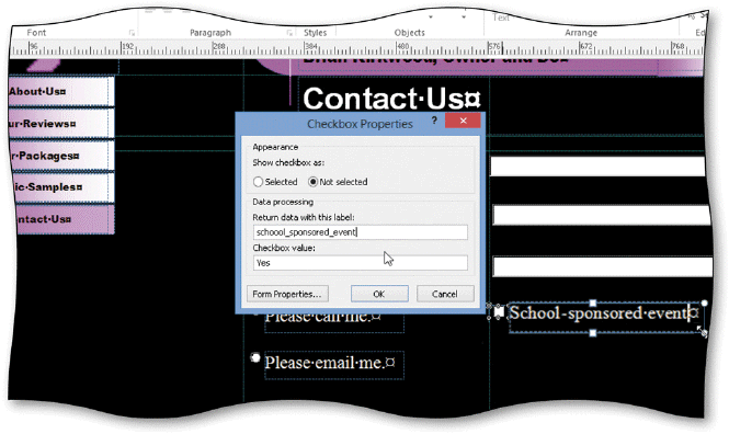   As shown in the accompanying figure, the ____ in the Checkbox Properties dialog box is used to display a check mark in the check box when website visitors first view the form. A)  Selected option button B)  Not selected option button C)  Return data with this label text box D)  Checkbox value text box