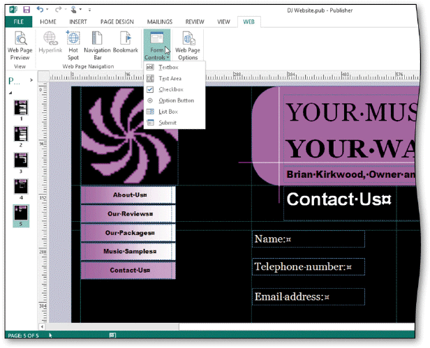    To insert textbox form controls, create a new green ruler guide at the desired location, display the WEB tab, then tap or click the Form Controls button to display the list of form controls, as shown in the accompanying figure.