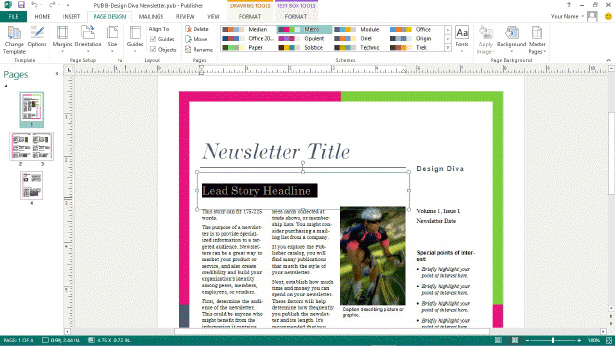   In the accompanying figure, the elements surrounding the text box that states Lead Story Headline are ____. A)  handles B)  designs C)  frames D)  insert icons