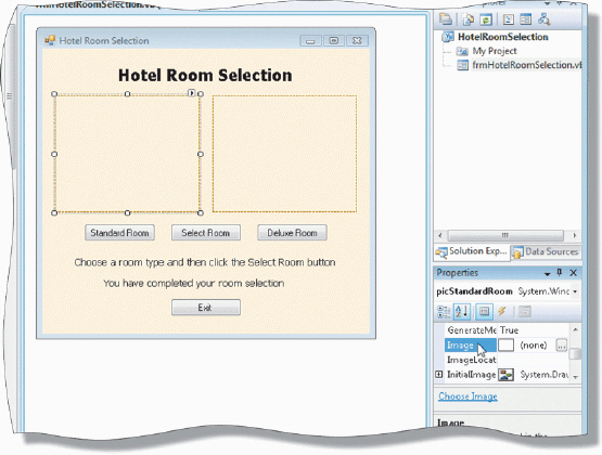   Figure 3-1 As shown in the accompanying figure, the Image property of the ____ object is used to specify the image that will be displayed. A)  Graphic B)  ClipArt C)  PictureBox D)  Visual