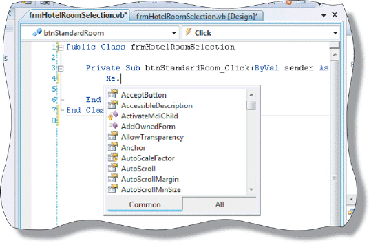   Figure 3-2 The feature in the accompanying figure displays all available options that will make the statement correct after a dot operator, an equal sign, or another special character required for the statement is entered in the code editor.