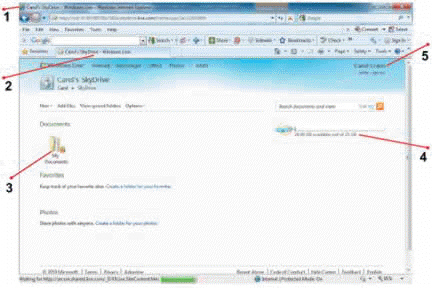   In the accompanying figure, item 3 points to the ____. A)  available space monitor B)  default SkyDrive folder C)  browser window D)  name of the person signed into SkyDrive