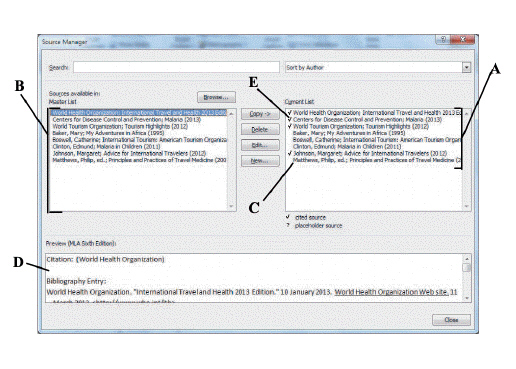   In the figure above, which label indicates all the sources that are available on the computer? A)  A B)  B C)  C D)  D