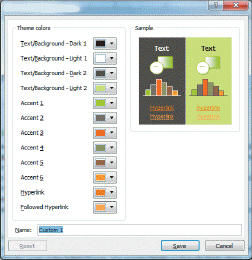     The dialog box shown in the accompanying figure is the Create New Theme Colors dialog box.