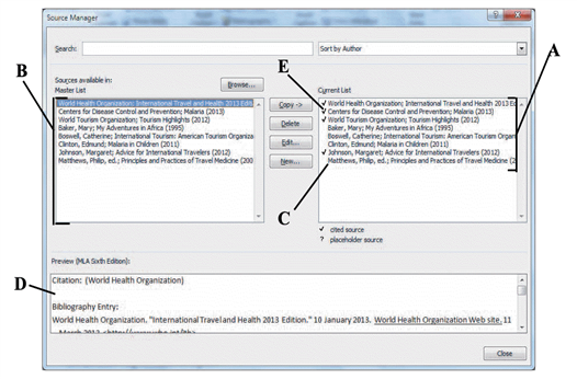   In the figure above, which label indicates all the sources that are available on the computer? A)  A B)  B C)  C D)  D