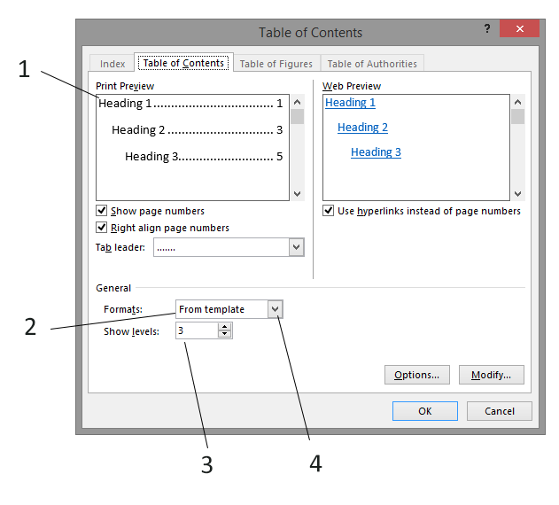   In the figure above, you would click item 1 to modify the appearance of the table of contents.