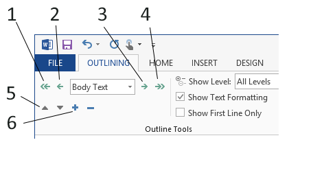   In the above figure, number 2 points to which button? A)  Promote text one level B)  Demote text one level C)  Move a heading and its text up one line D)  Demote to body text