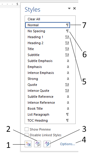   In the figure above, which number indicates a paragraph style? A)  1 B)  5 C)  6 D)  7