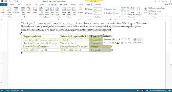   To move from the second cell in the table in the accompanying figure back to the previous cell, press the ____ key(s) . A)  TAB B)  BACKSPACE C)  SHIFT+TAB D)  SHIFT+ENTER