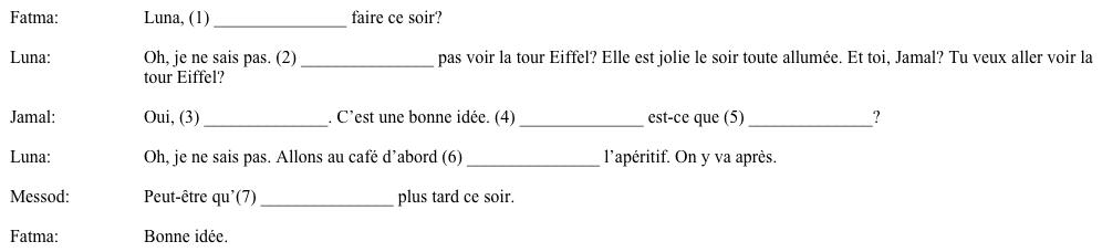 Des projets. Jamal and his friends have arrived in Paris and are checking into their hotel. Listen to their conversation as they discuss plans for this evening. Fill in the blanks with the missing words.  