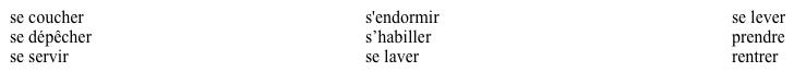 La vie quotidienne. À son nouveau travail, Valérie a des horaires très stricts. Mais tout cela a changé quand Laurent est venu passer un long week-end avec elle. Complétez le passage suivant avec la bonne forme des verbes de la liste. Utilisez le présent.   En général, je (1) ____________________ vers sept heures et demie. Je (2) ____________________ le petit déjeuner, puis je (3) ____________________. Ensuite, je (4) ____________________ et je pars pour le bureau. Je (5) ____________________ pour arriver à neuf heures. Je travaille toute la journée. Naturellement, je (6) ____________________ régulièrement d'un ordinateur pour écrire mes articles. Je (7) ____________________ chez moi vers sept heures du soir et je dîne à huit heures. Je (8) ____________________ vers onze heures et je (9) ____________________ tout de suite. Complétez le passage avec la bonne forme du passé composé.   Mais il faut dire que quand Laurent m'a rendu visite, tout a changé. Il est arrivé à la gare jeudi soir à six heures et nous (10) ____________________ avec des amis. Nous (11) ____________________ jusqu'à deux heures du matin! Le lendemain (The next day), je (12) ____________________ tard et je suis arrivée en retard au bureau. Je (13) ____________________ à travailler tout de suite mais j'étais si fatiguée que je (14) ____________________ devant mon ordinateur. Au lieu de (Instead of) travailler pendant le déjeuner, je (15) ____________________ dans le parc avec Laurent.<div style=padding-top: 35px> 