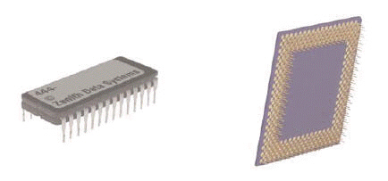   The figure above represents two types of chip carriers. The one on the right is a ____. A)  PGA B)  DIP C)  PID D)  GAP
