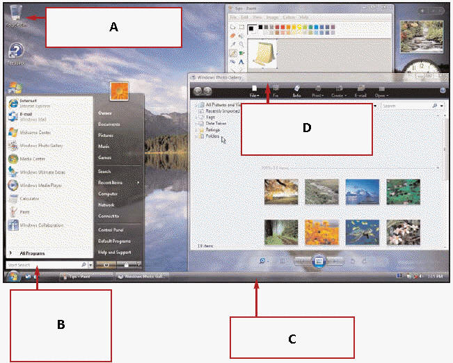   In the figure above, Box B points to ____. A)  an icon B)  the Start menu C)  the taskbar D)  a window