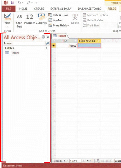   In the accompanying figure, the red brackets designate which element of the Access 2013 window? A)  Navigation Pane B)  Shutter Bar Open/Close button C)  Navigation Bar D)  datasheet window