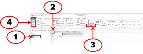   In the accompanying figure, which number corresponds to the datasheet selector which selects all records in a table? A)  1 B)  2 C)  3 D)  4