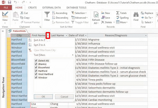   In the accompanying figure, the arrow outlined to the right of the field name  First Name   gives the user access to the ____ feature when clicked. A)  AutoFilter B)  Sort C)  Selection D)  Replace