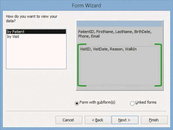   In the accompanying figure, the fields indicated by the green brackets are fields to be included in the ____. A)  subform B)  main form C)  related table D)  primary table