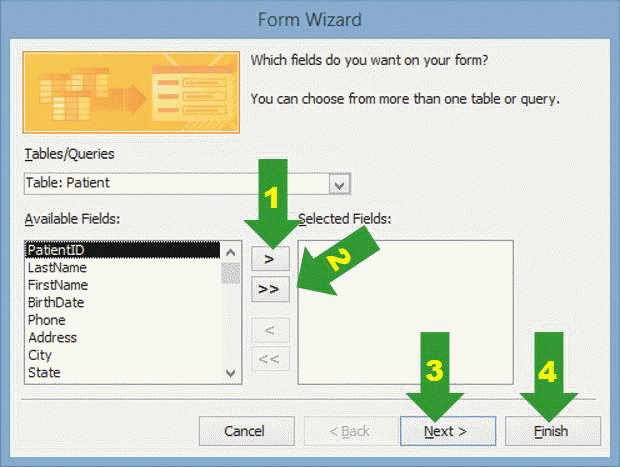   In the accompanying figure, which numbered arrow corresponds to the button which, when clicked, moves all Available Fields to the Selected Fields box? A)  1 B)  2 C)  3 D)  4