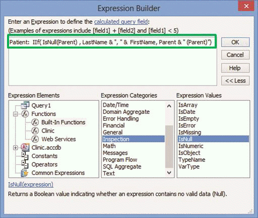   In the accompanying figure, which of the following is the falsepart of the calculated expression? A)  IIF B)  IsNull(Parent)  C)  LastName &  ,   & FirstName D)  Parent &  (Parent)  
