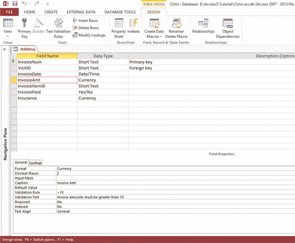 <strong> In the accompanying figure, which field property will appear on the screen if the user enters the value 5 in the InvoiceAmt field in datasheet view?</strong> A) Decimal Places B) Validation Rule C) Default Value D) Validation Text