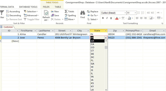 Case Based Critical Thinking Questions Case 5-1 Janise is creating a database to keep track of her customers for her pet sitting business. She is in the process of creating the Customer table. She would like to design the table so that data entry is as consistent and accurate as possible. Using the figures below, determine which Access features Janise used to ensure consistent and accurate data entry.   Figure Case 5-1-1   Figure Case 5-1-2 The State field in Figure Case 5-1-1 illustrates which of the following? A)  an Autofilter B)  a conditional value C)  a lookup field D)  an input mask