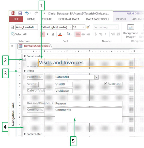   In the accompanying figure, which arrow indicates the Detail section bar? A)  1 B)  2 C)  3 D)  4