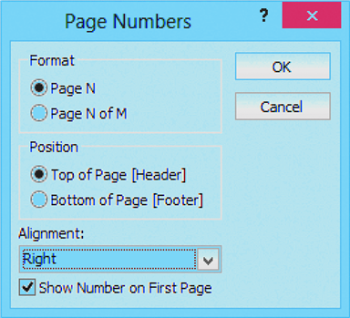   In the accompanying figure, the page number control is set to display the page number in which manner? A)  left aligned B)  right aligned C)  center aligned D)  outside alignment