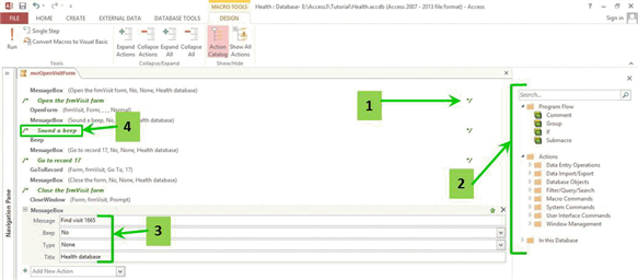   In the accompanying figure, which numbered arrow indicates the Action Catalog? A)  1 B)  2 C)  3 D)  4
