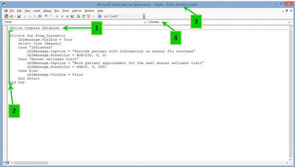   In the accompanying figure, arrow number three indicates which element of the Code window in the Visual Basic window? A)  form name B)  Object box C)  Procedure box D)  Sub procedure for the Current event
